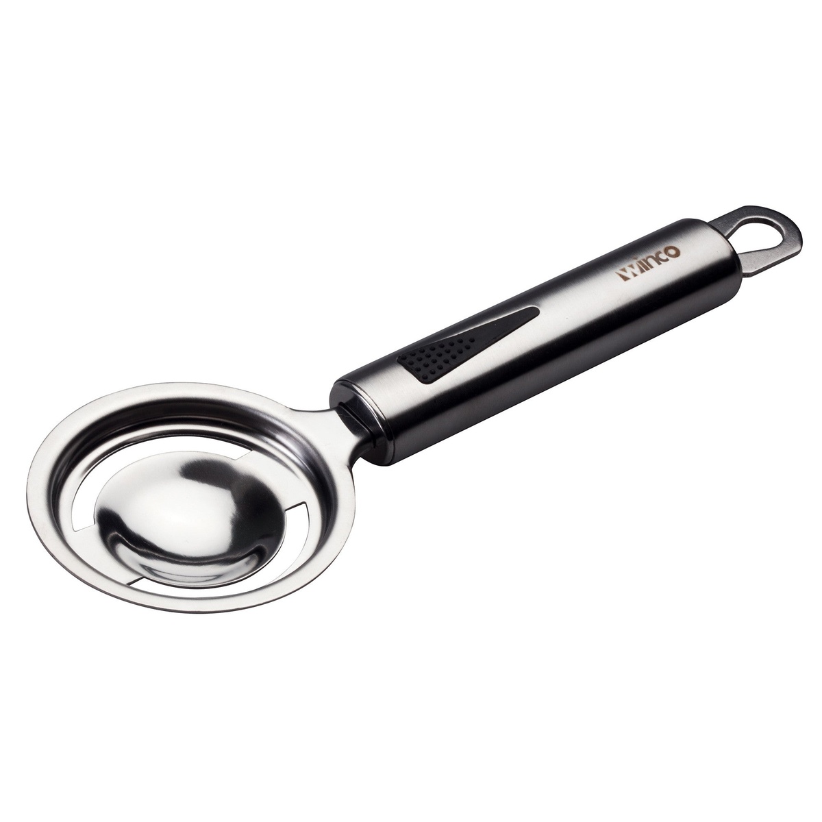 Winco SES-3 stainless steel egg separator with hollow handle and round yolk-cradle bowl