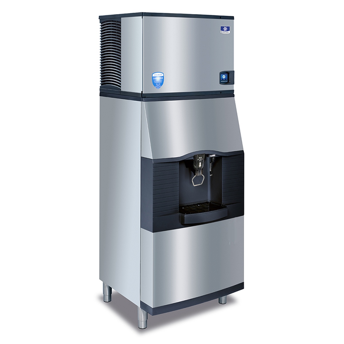 Manitowoc SFA292 30-inch touchless ice dispenser with water valve, stainless steel DuraTech exterior, shown with ice machine head on top
