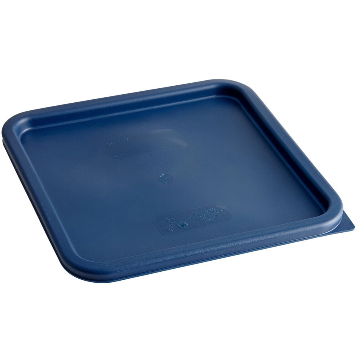 Cambro SFC12453 midnight blue square polyethylene food storage container lid, angled view showing thumb tab