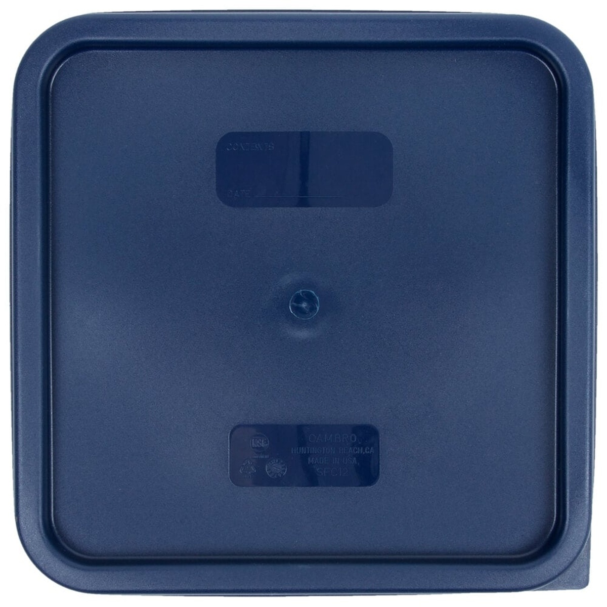 Top view of Cambro SFC12453 midnight blue lid showing contents and date labeling fields on the surface