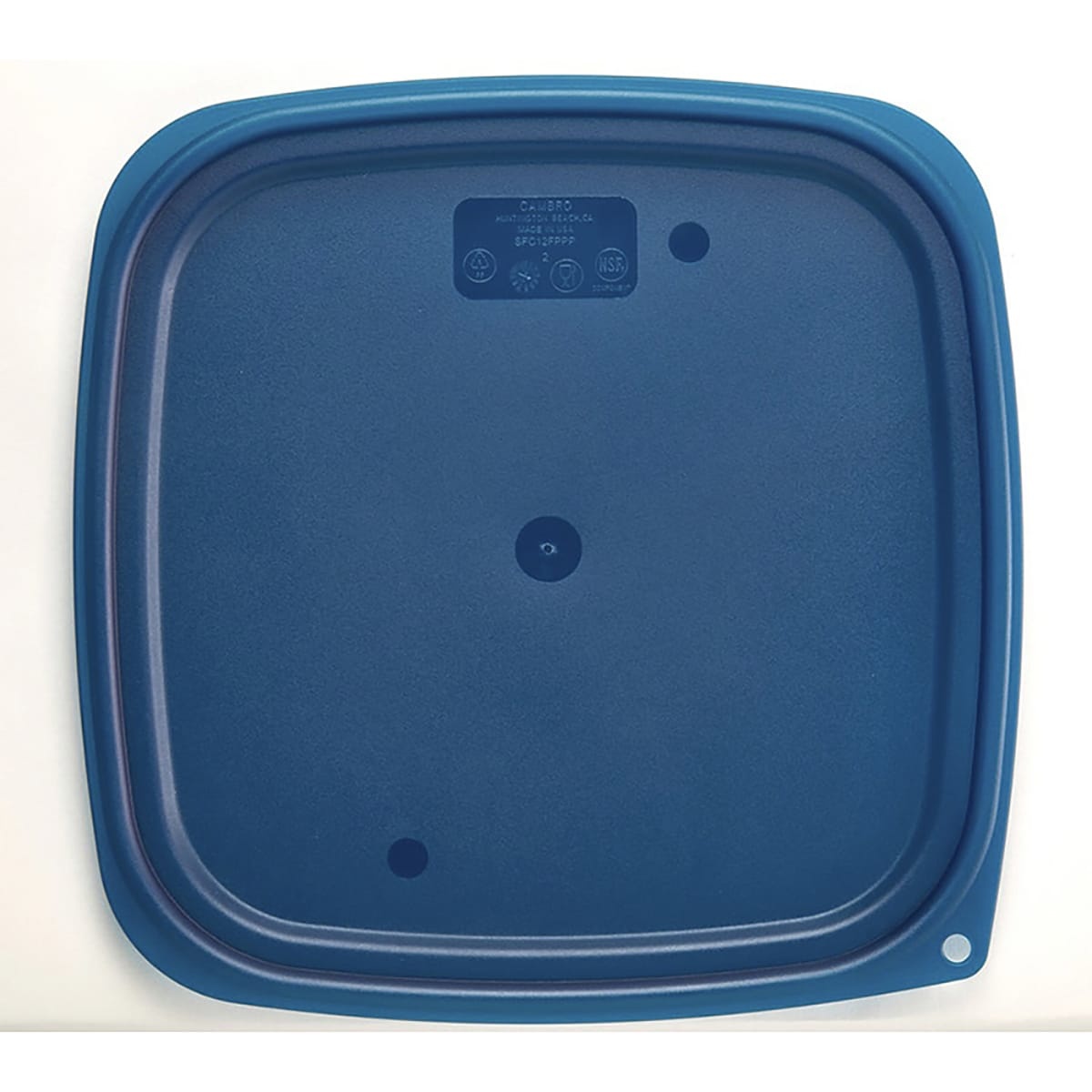 Bottom view of Cambro SFC12FPPP267 translucent blue square food storage container lid showing NSF marking and hanging hole