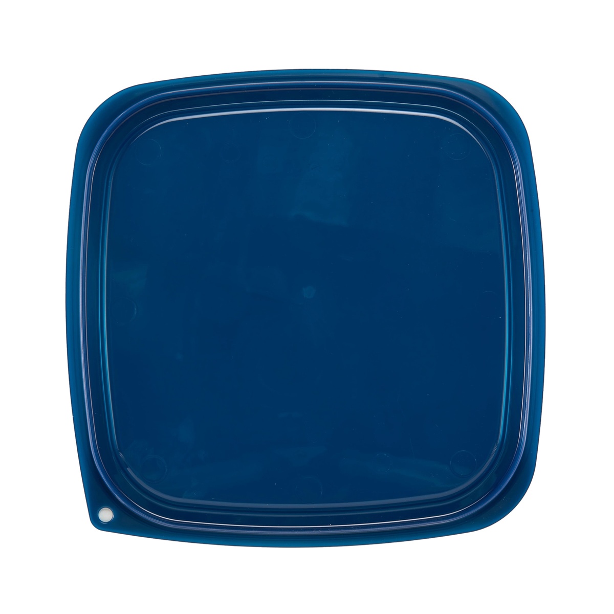 Top view of Cambro SFC12FPPP267 translucent blue square food storage container lid on white background