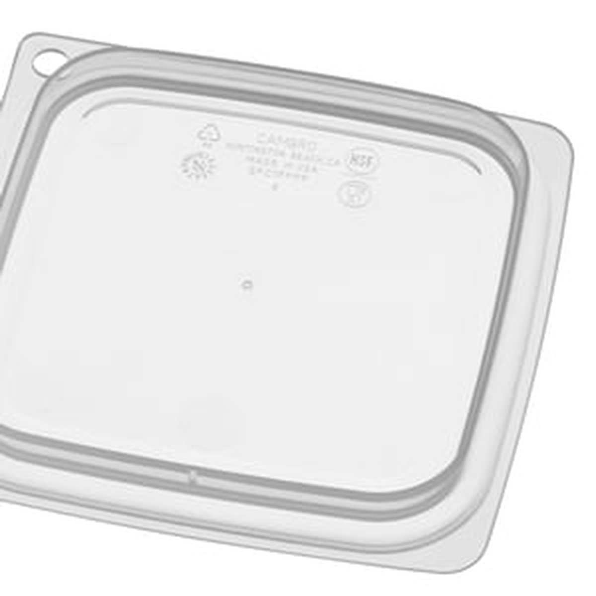 Cambro SFC1FPPP190 translucent square polypropylene lid top view showing hanging hole and NSF certification mark