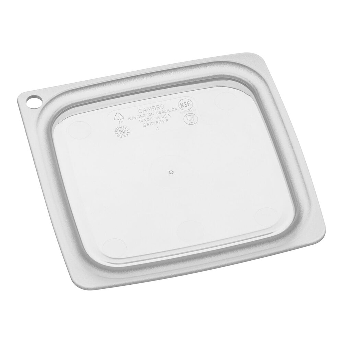 Cambro SFC1FPPP190 translucent polypropylene square lid with hanging hole, bottom view showing NSF and Made in USA markings
