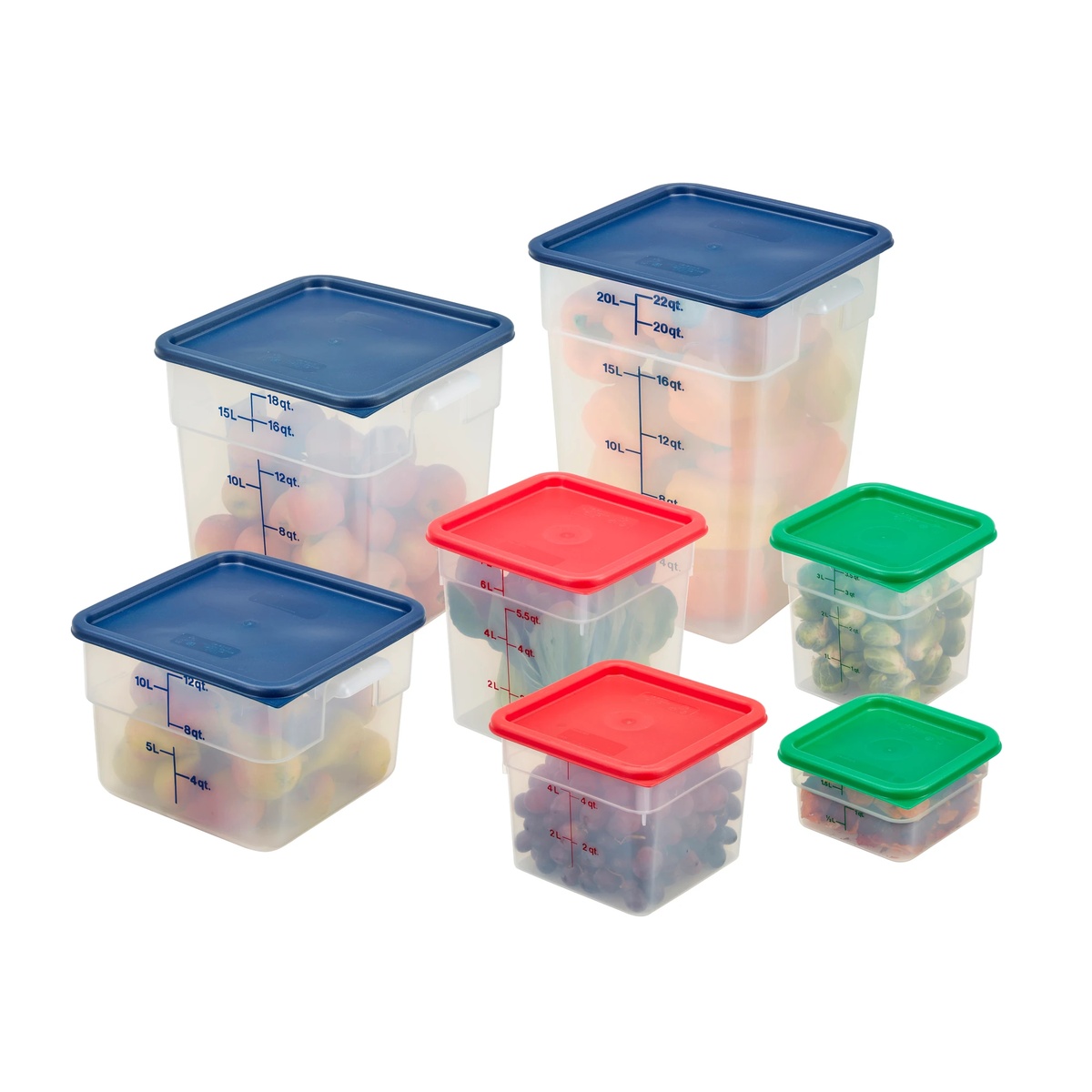 Group of translucent CamSquare containers in multiple sizes with green, red, and blue color-coded lids on white background