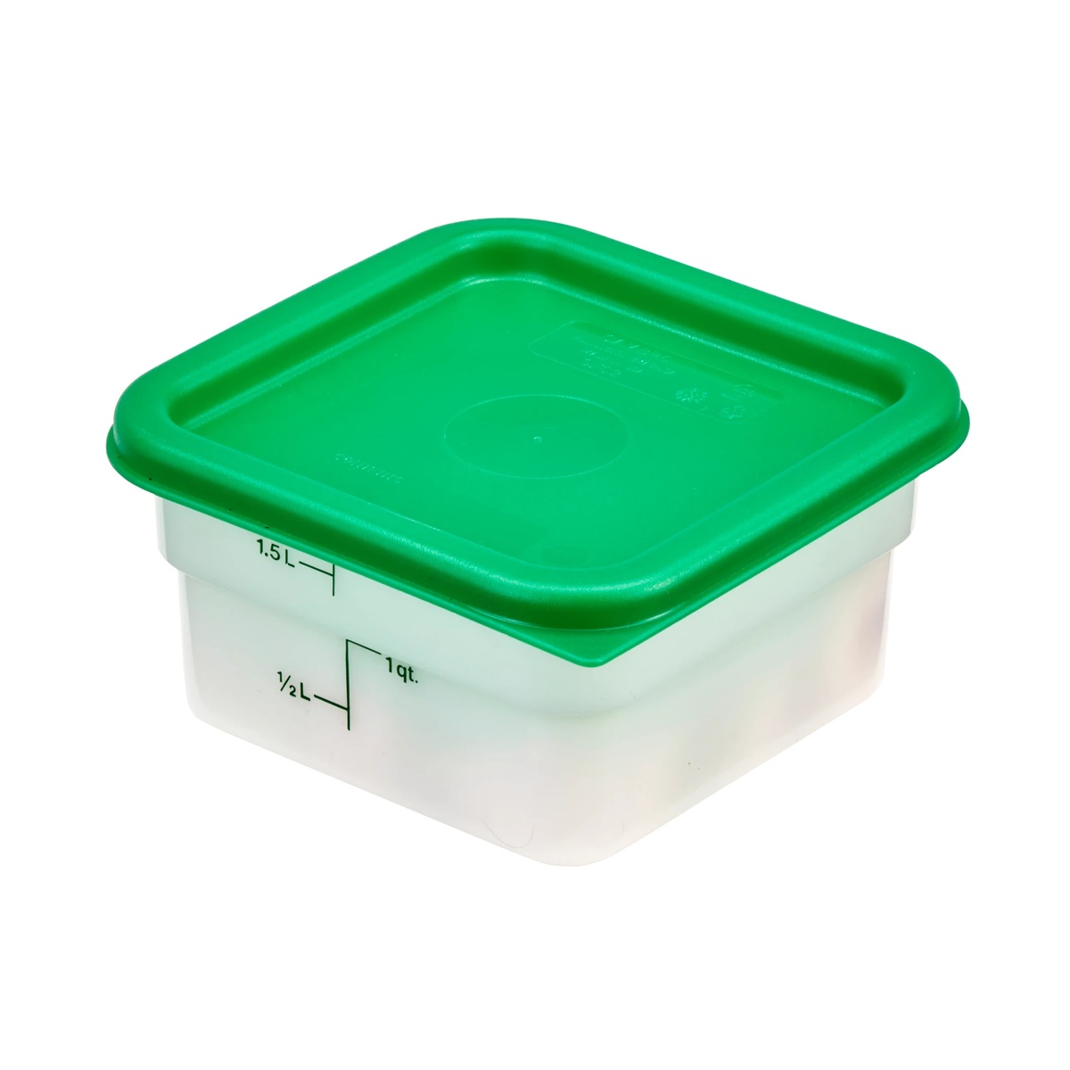 Kelly green Cambro SFC2452 lid fitted onto a small translucent CamSquare container with graduated markings