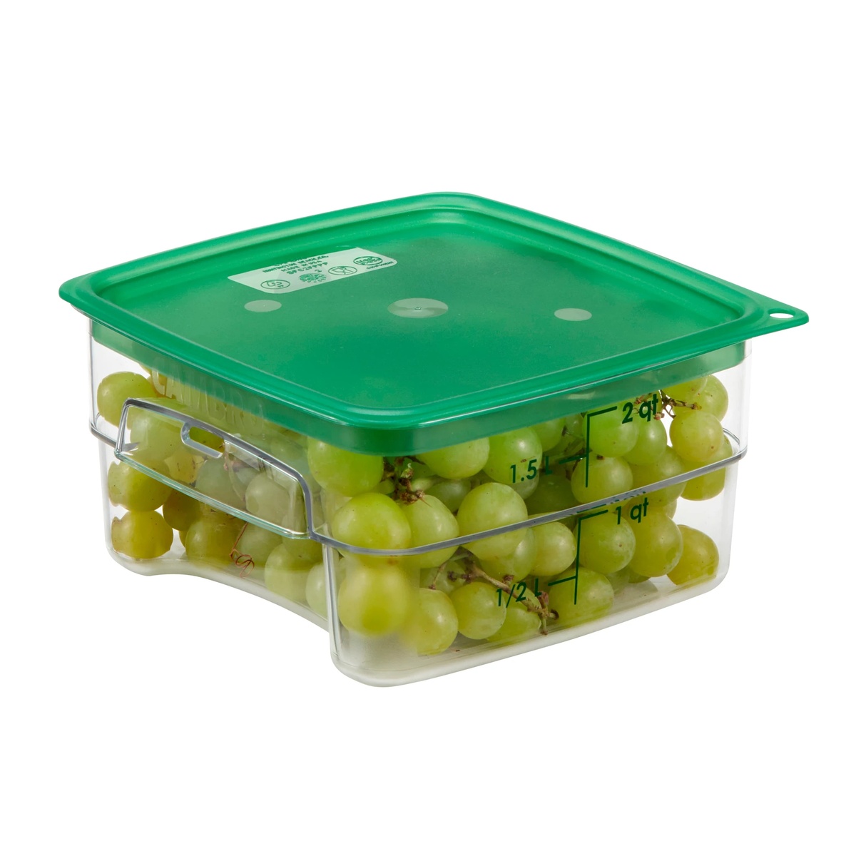Translucent green FreshPro Easy Seal lid on a clear 2 qt. CamSquares container filled with green grapes, angled view on white background