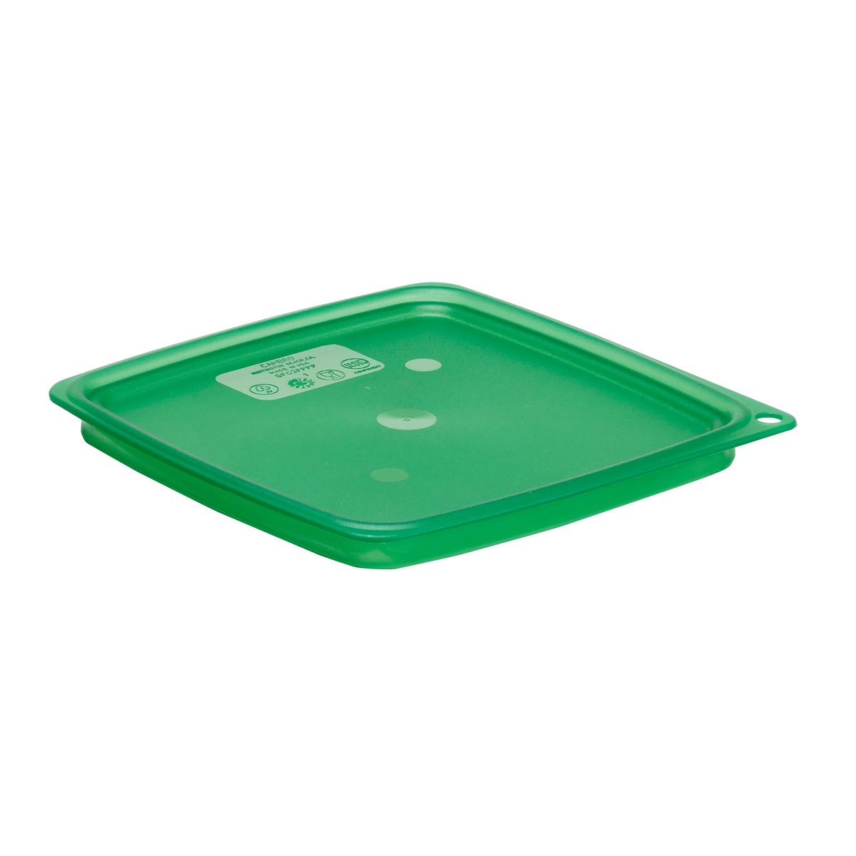Cambro SFC2FPPP265 translucent green square FreshPro Easy Seal lid, top-angle view showing hanging hole and NSF markings
