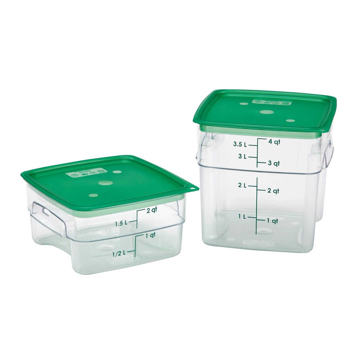 Two clear CamSquares FreshPro containers, one 2 qt. and one 4 qt., each capped with a translucent green Easy Seal lid, shown side by side on white background