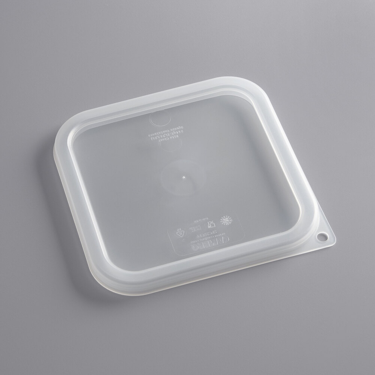 Cambro SFC2SCPP190 translucent polypropylene square seal lid for 2 and 4 qt CamSquares containers, top view showing hanging hole