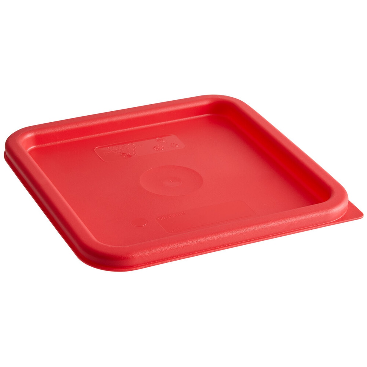 Cambro SFC6451 red square polyethylene CamSquares food storage container lid, angled view showing thumb tab
