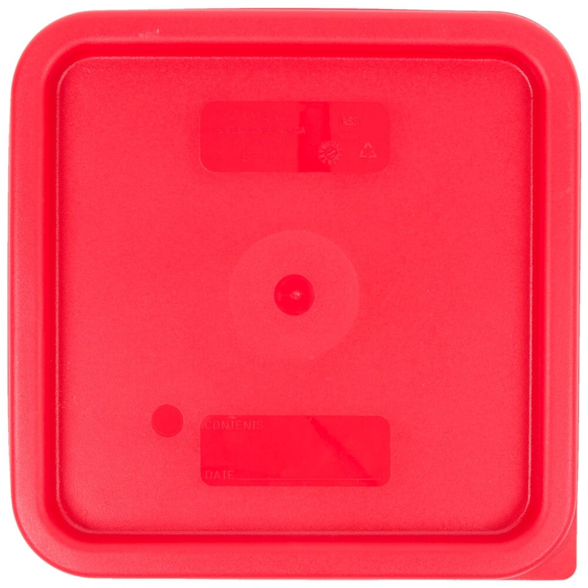 Cambro SFC6451 red square lid top-down view showing molded contents and date labeling area
