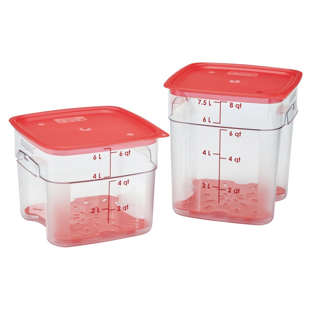 Cambro CamSquare FreshPro 6 qt and 8 qt clear polycarbonate food storage containers fitted with translucent red lids