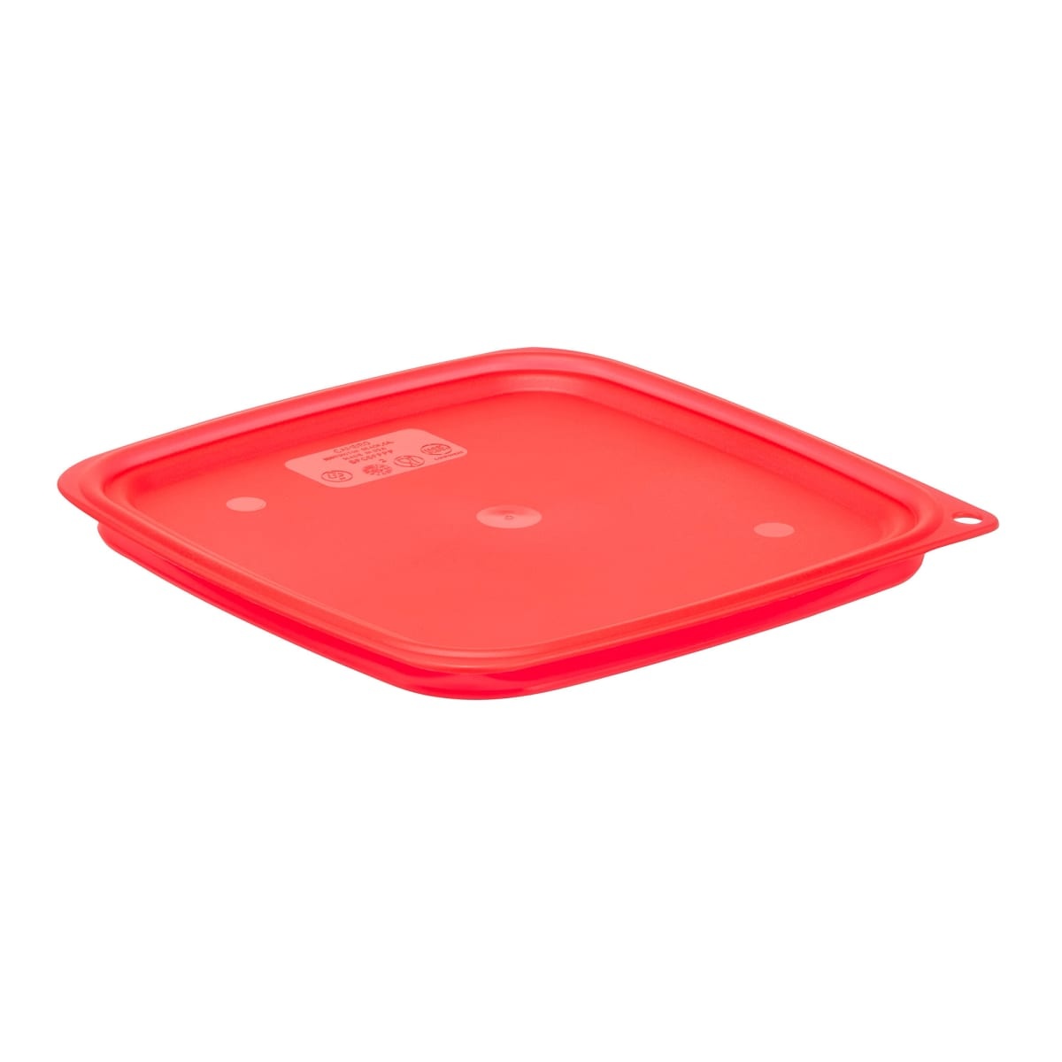 Cambro SFC6FPPP266 translucent red square food storage container lid angled view showing hanging hole