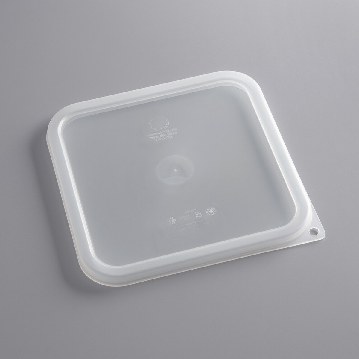 Cambro SFC6SCPP190 translucent square polypropylene seal lid, bottom view showing corner hanging hole and dual-seal rim