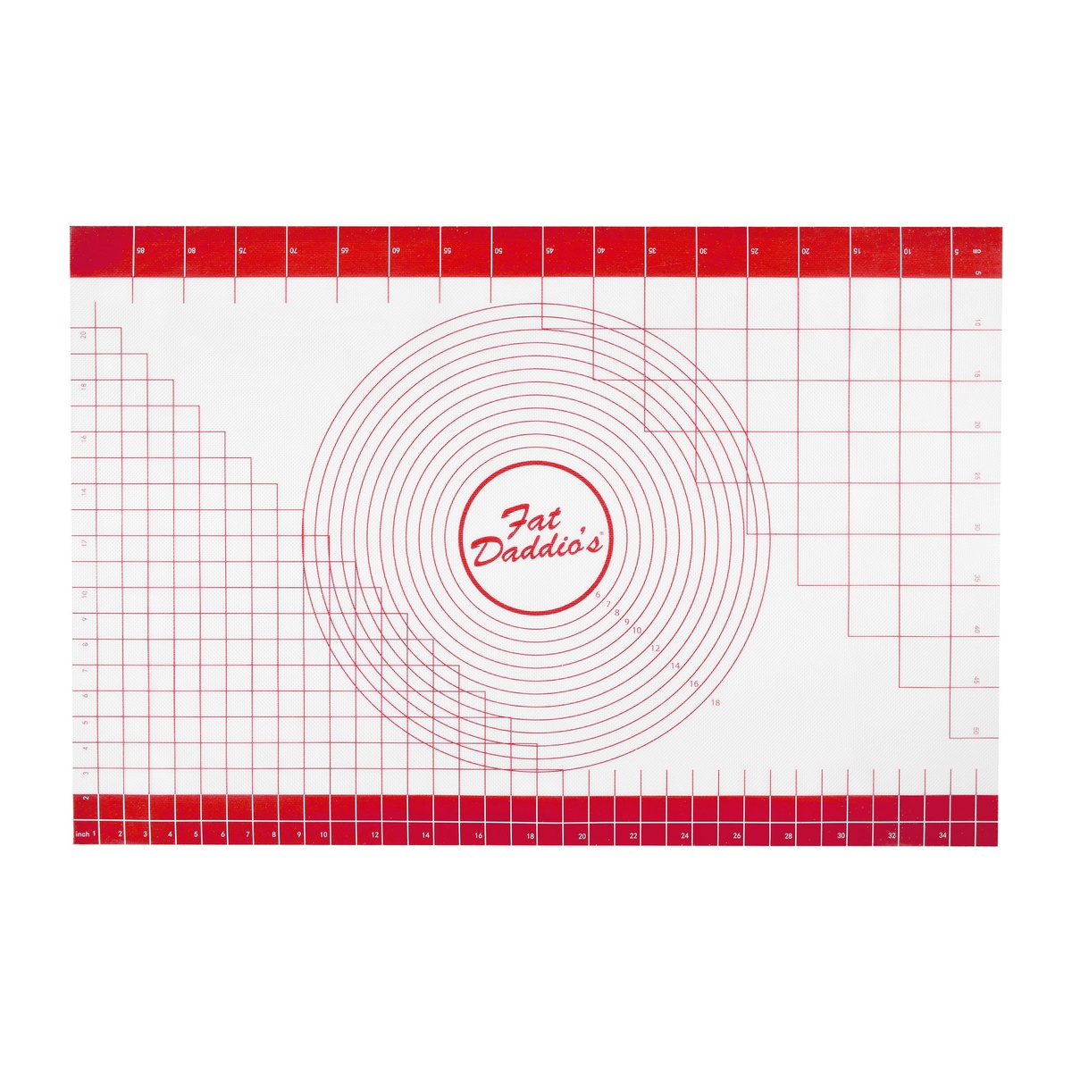 Fat Daddio's silicone mat showing red measurement rulers, grid lines, and concentric circles on white background