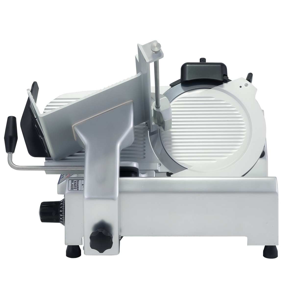 Side view of Globe SG13-07 meat slicer showing carriage and blade area