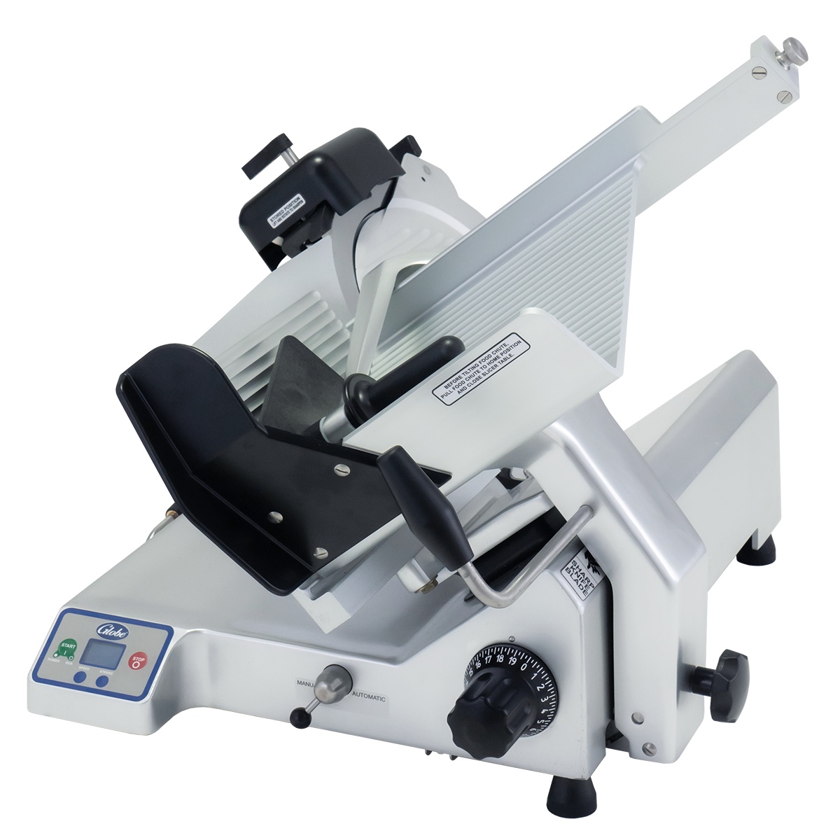 Globe SG13A automatic meat slicer angled view showing carriage and control panel