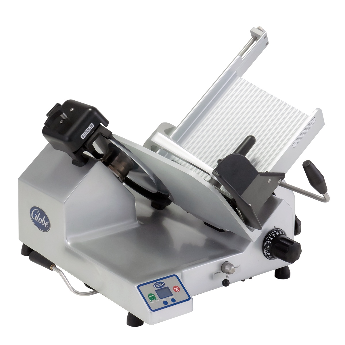 Globe SG13A slicer showing 13 inch knife area and gravity-feed carriage