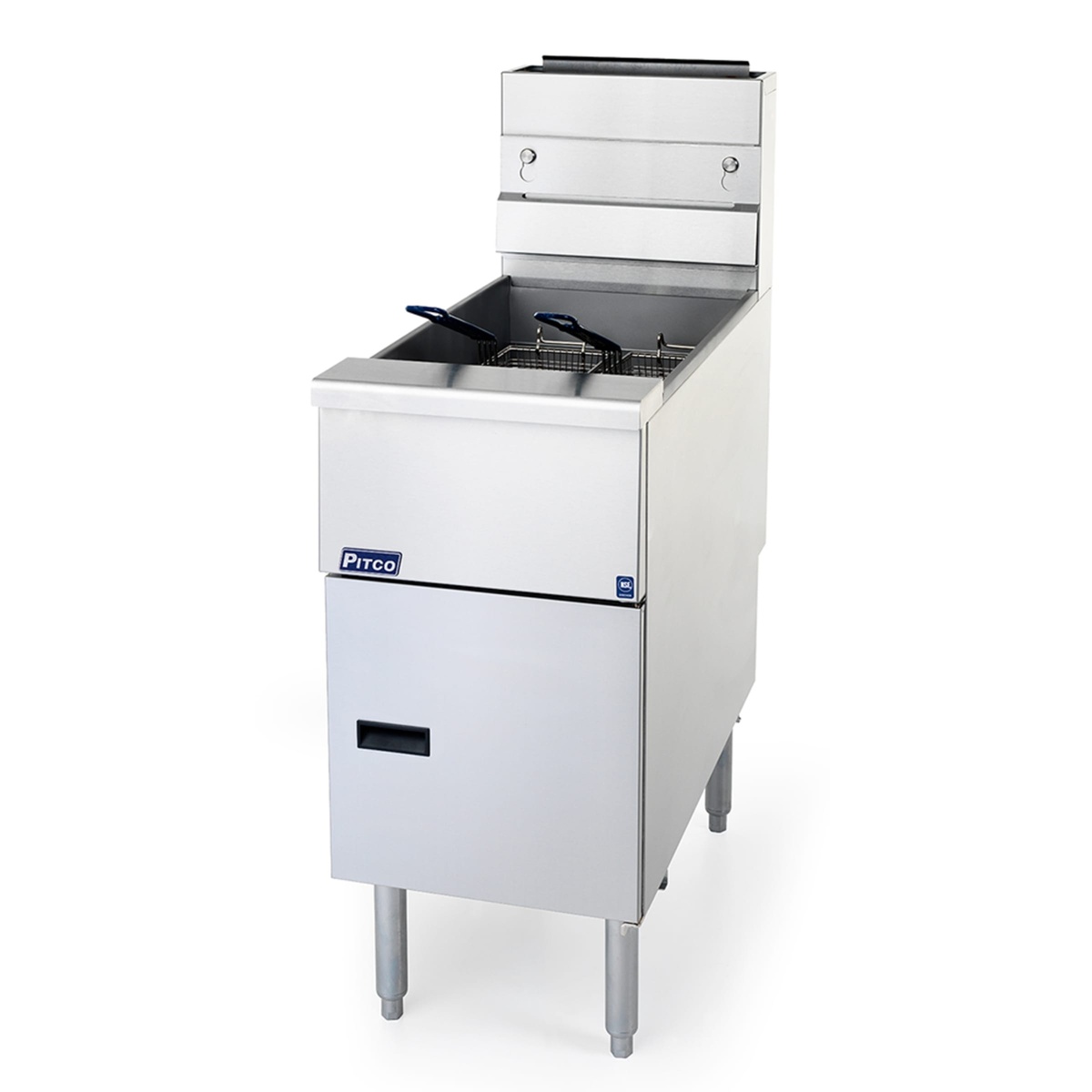 Angled front view of Pitco SG14-S LP fryer with baskets resting in the frypot