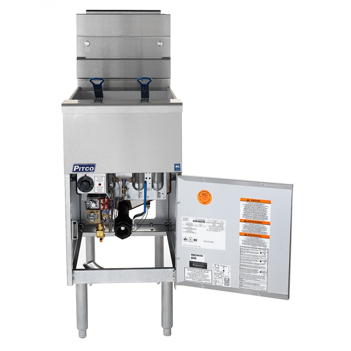 Pitco SG14-S LP fryer with cabinet door open showing internal components