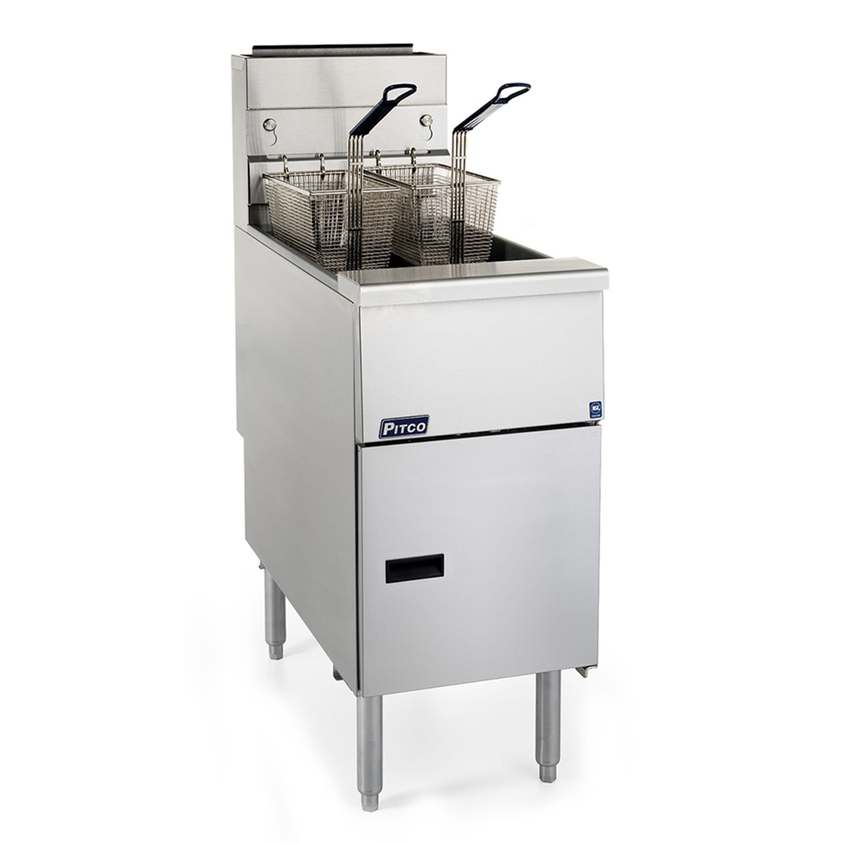 Angled view of Pitco SG14-S LP floor fryer with two wire fry baskets