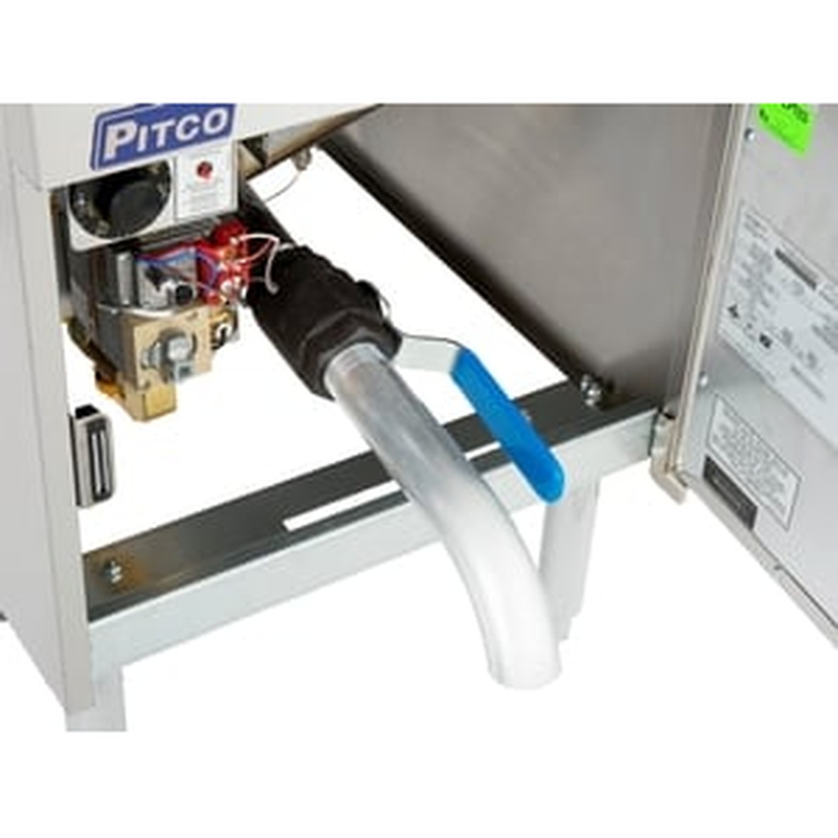 Full-port drain valve assembly under the fryer cabinet