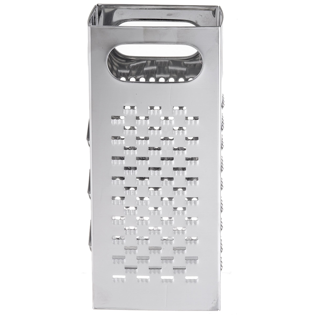 Close-up view of the fine pinhole grating side of the Tablecraft SG201 stainless steel box grater