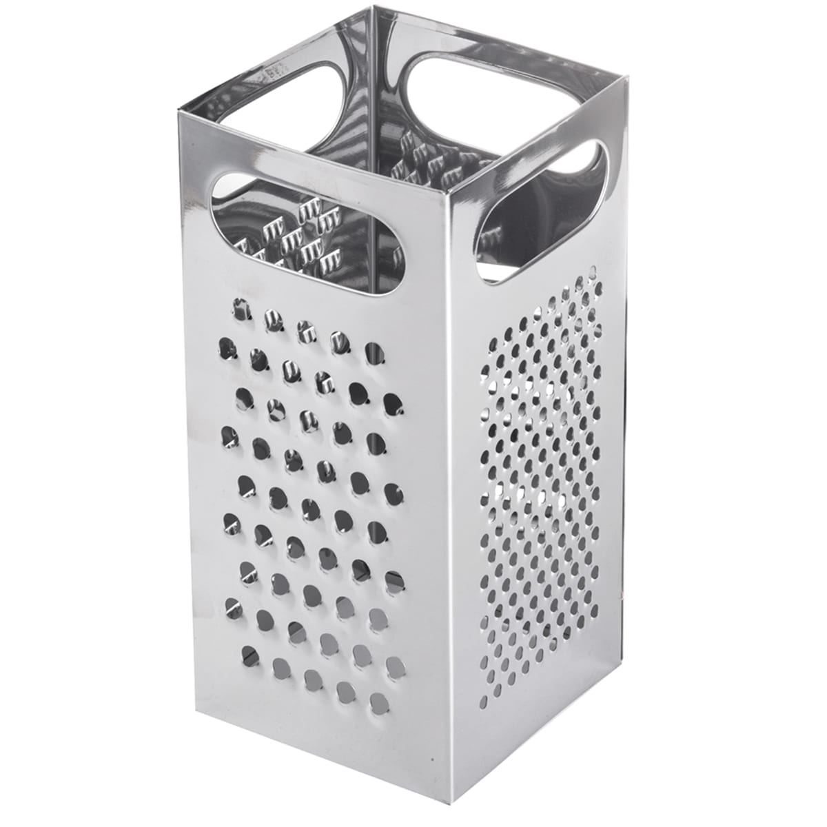 Tablecraft SG201 stainless steel 4-sided box grater angled view showing coarse and fine grating surfaces