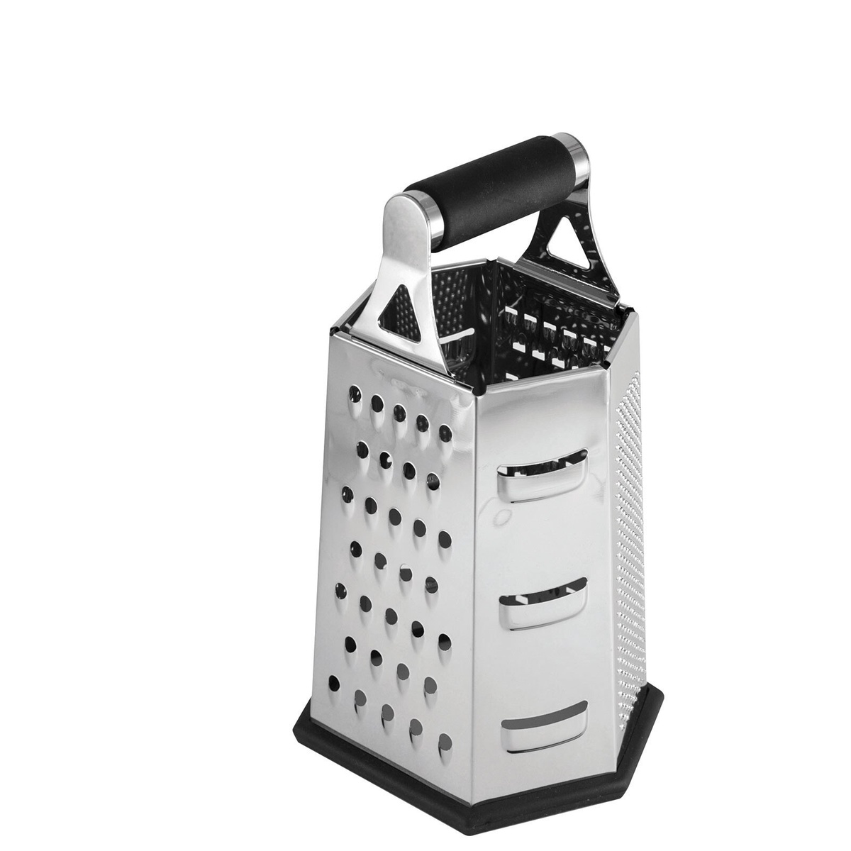 TableCraft SG204BH 6-sided stainless steel box grater with black non-slip handle and rubber base on white background
