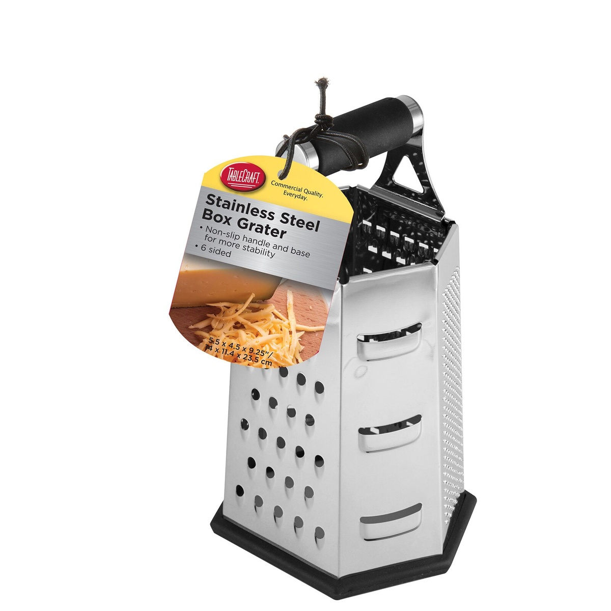 TableCraft SG204BH 6-sided stainless steel box grater with retail hang tag showing dimensions and features
