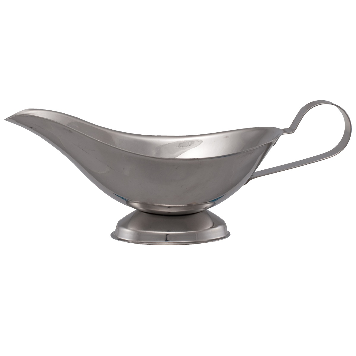 Libertyware SGB3 stainless steel gravy boat with mirror polish finish and pedestal base, side view