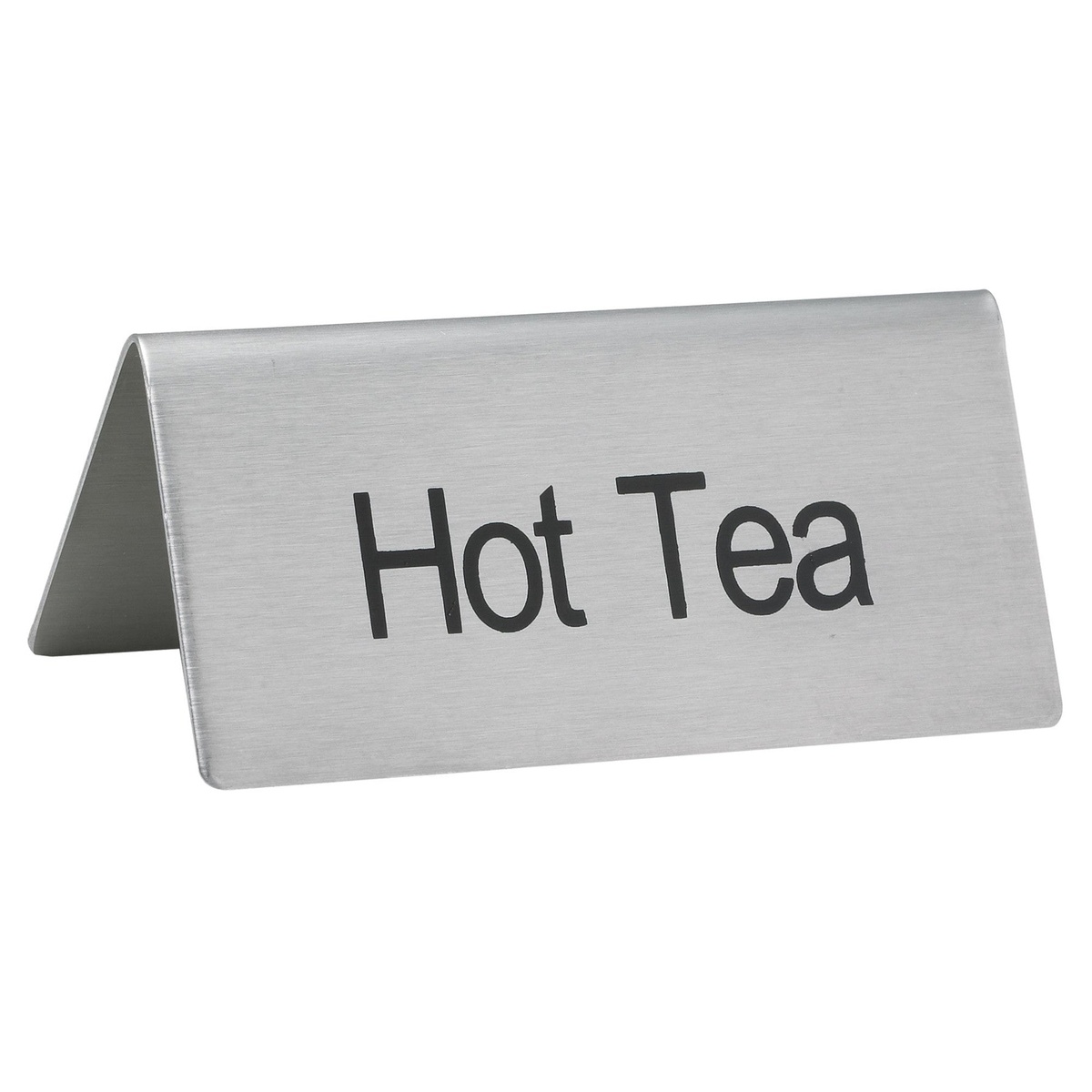 Winco SGN-101 stainless steel tent sign with bold black Hot Tea text, compact A-frame tabletop design