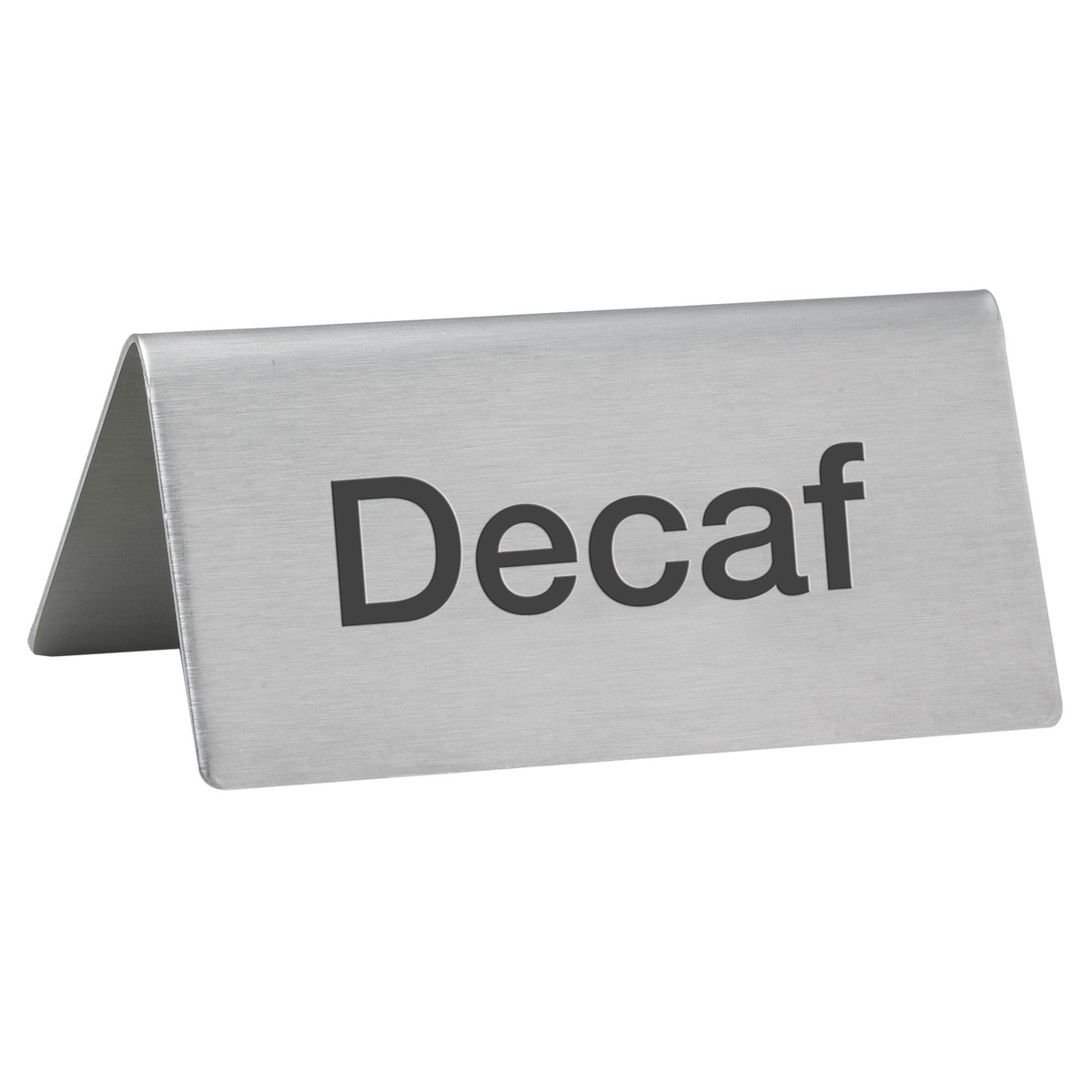 Winco SGN-102 stainless steel Decaf beverage tent sign with bold black lettering