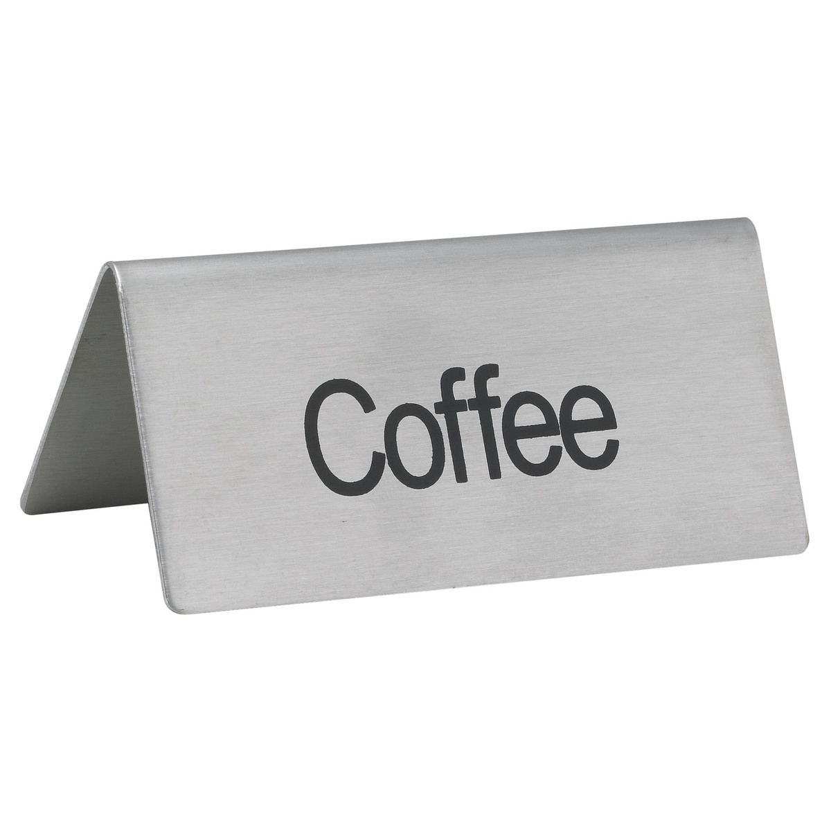 Winco SGN-103 stainless steel tent sign with black Coffee lettering, freestanding on white background
