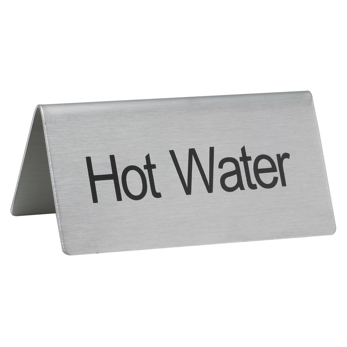 Winco SGN-104 stainless steel Hot Water tent sign, A-frame style with bold black lettering