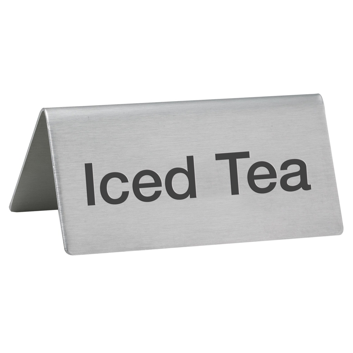 Winco SGN-105 stainless steel Iced Tea tent sign with bold black lettering, tent-fold style