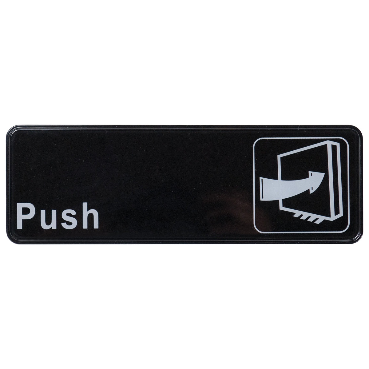 Winco SGN-301 black plastic Push information sign with white text and universal push symbol, 9 inches wide by 3 inches high