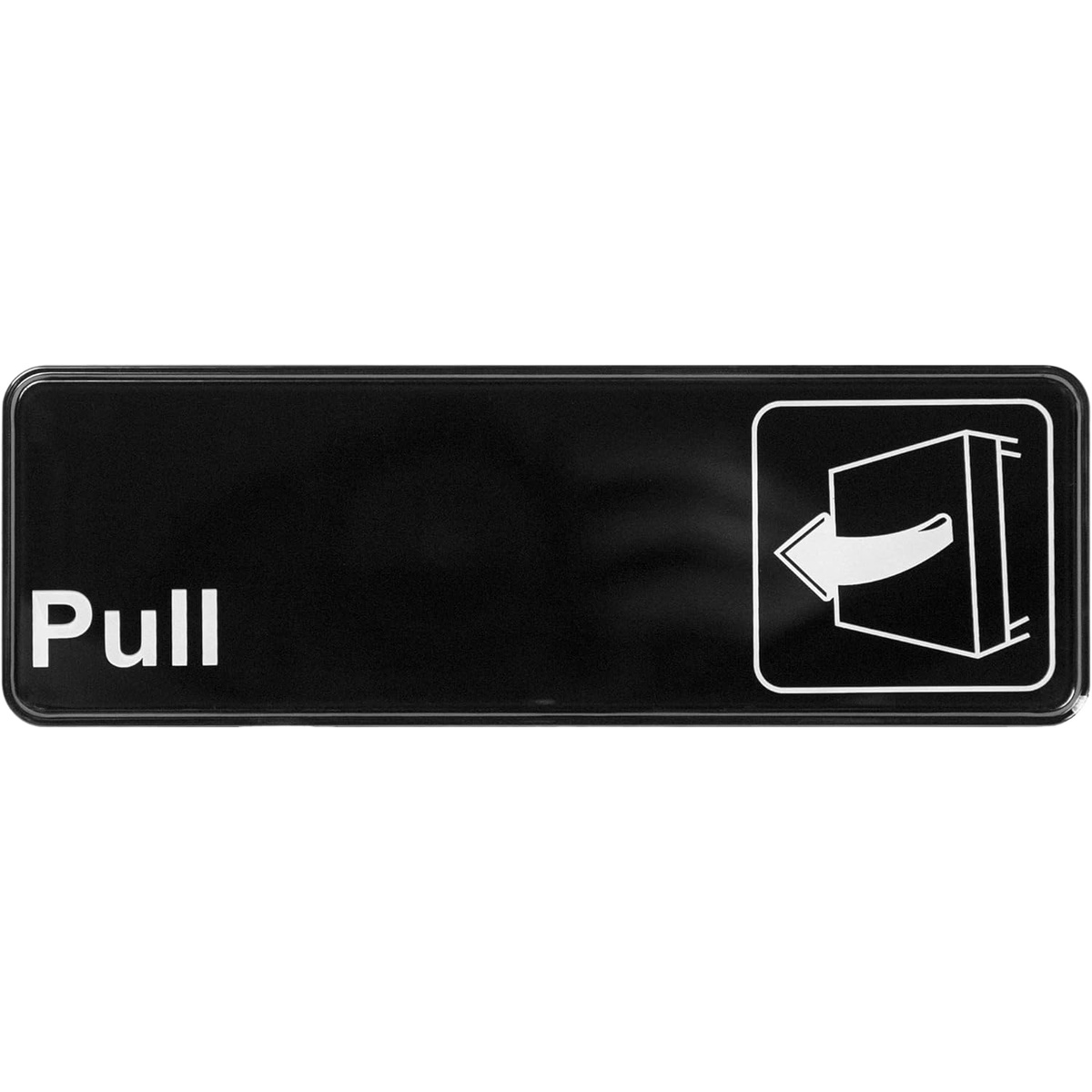 Winco SGN-302 black plastic Pull sign with white text and door-pull symbol, 9 inches wide by 3 inches tall