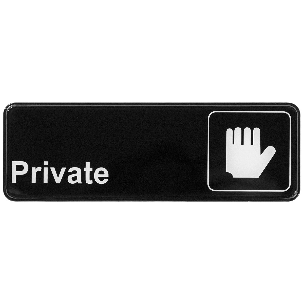 Winco SGN-304 black plastic Private wall sign with white lettering and universal stop hand symbol, 9 inches wide by 3 inches tall