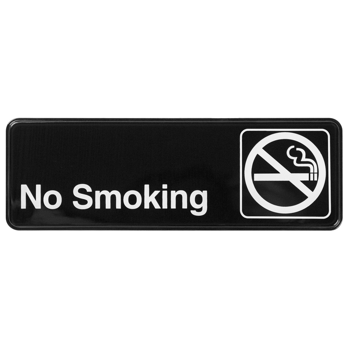 Winco SGN-310 black No Smoking sign with white text and universal no-smoking symbol, 9 inches wide by 3 inches high