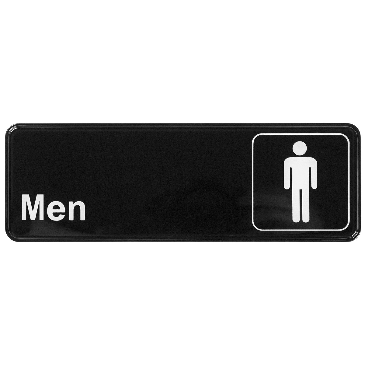 Winco SGN-311 black rectangular Men's restroom sign with white text and male symbol, 9 inches wide by 3 inches tall