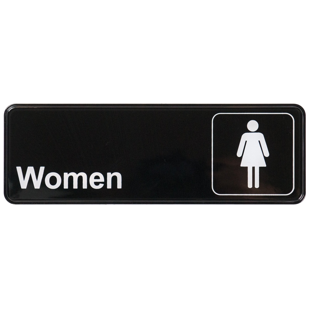 Winco SGN-312 Women restroom sign, black background with white text and female symbol, 9 inches wide by 3 inches tall
