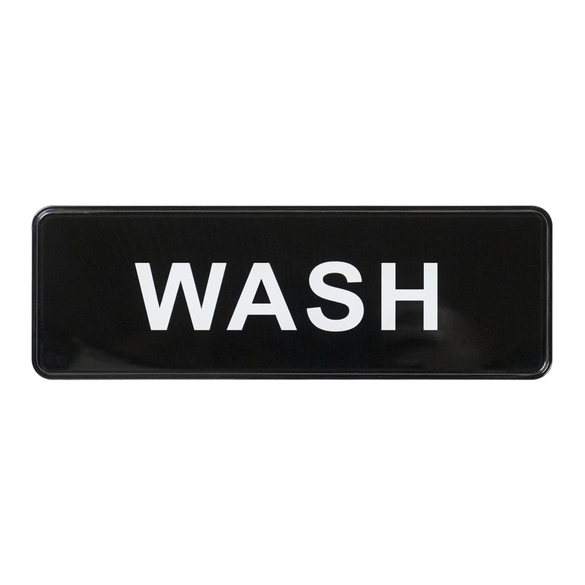Winco SGN-318 black plastic Wash compliance sign with bold white lettering, 9 inches wide by 3 inches high