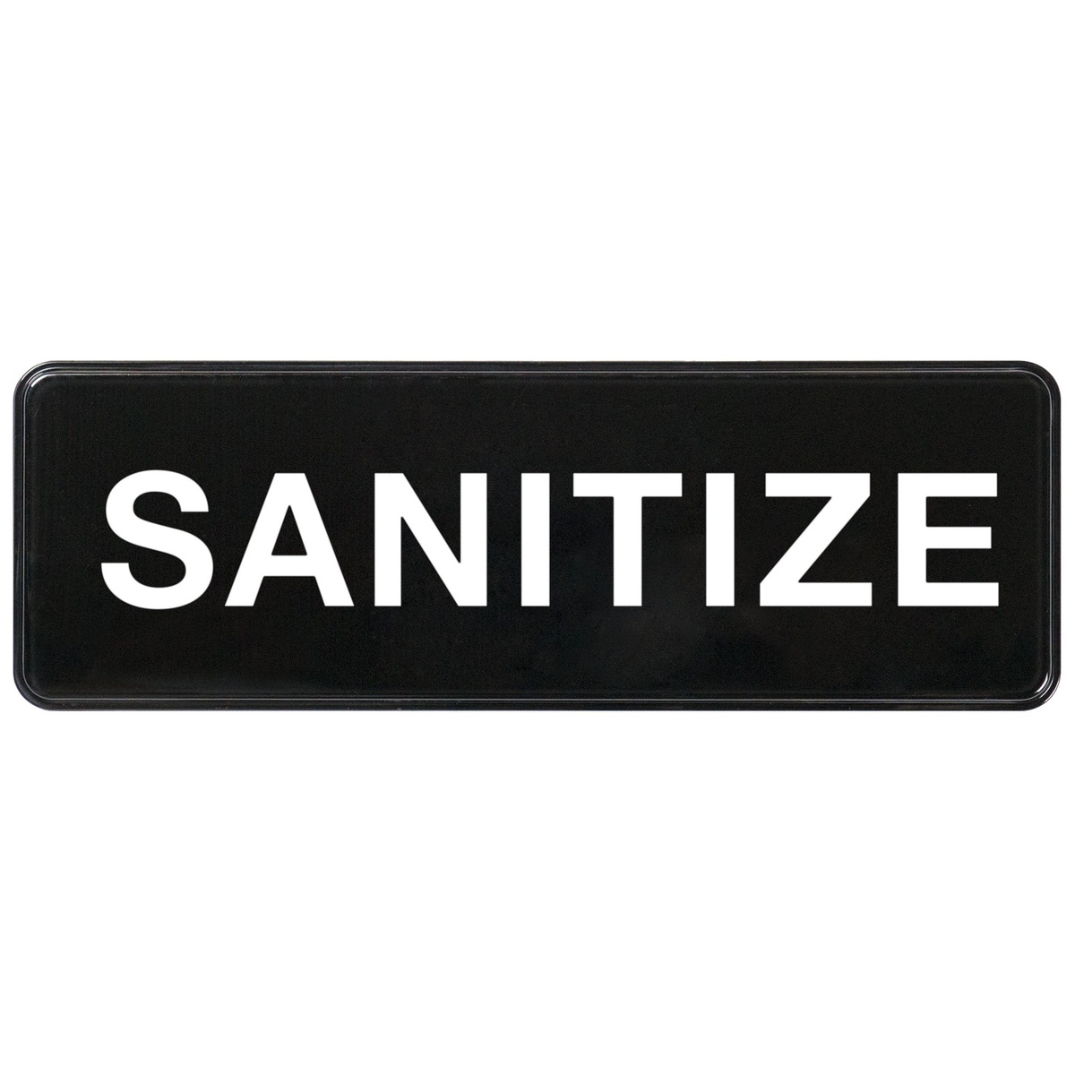 Winco SGN-329 black plastic Sanitize sign with bold white text, 9 inches wide by 3 inches tall