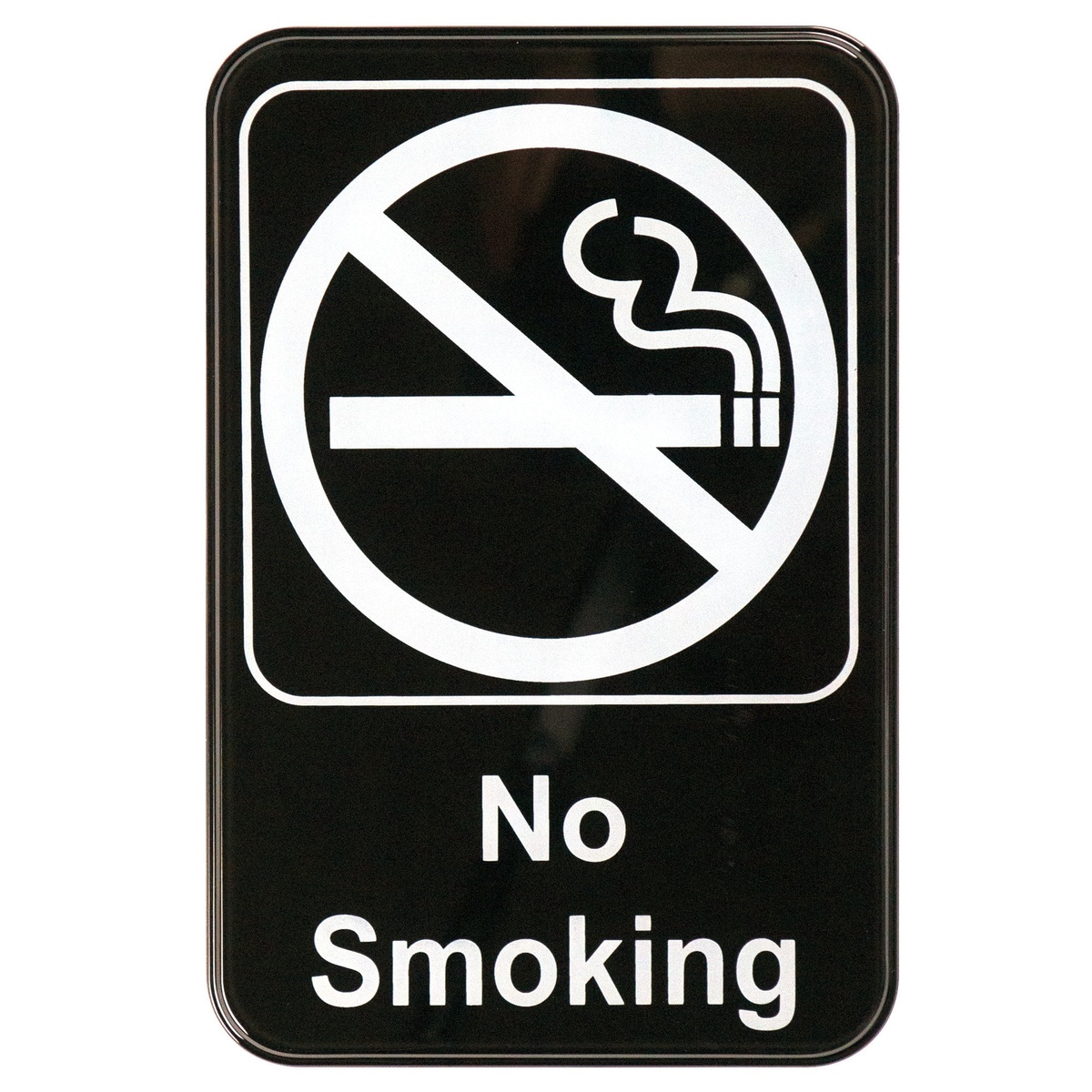 Winco SGN-601 black plastic No Smoking informational sign with white symbol and text, 6 inches wide by 9 inches tall