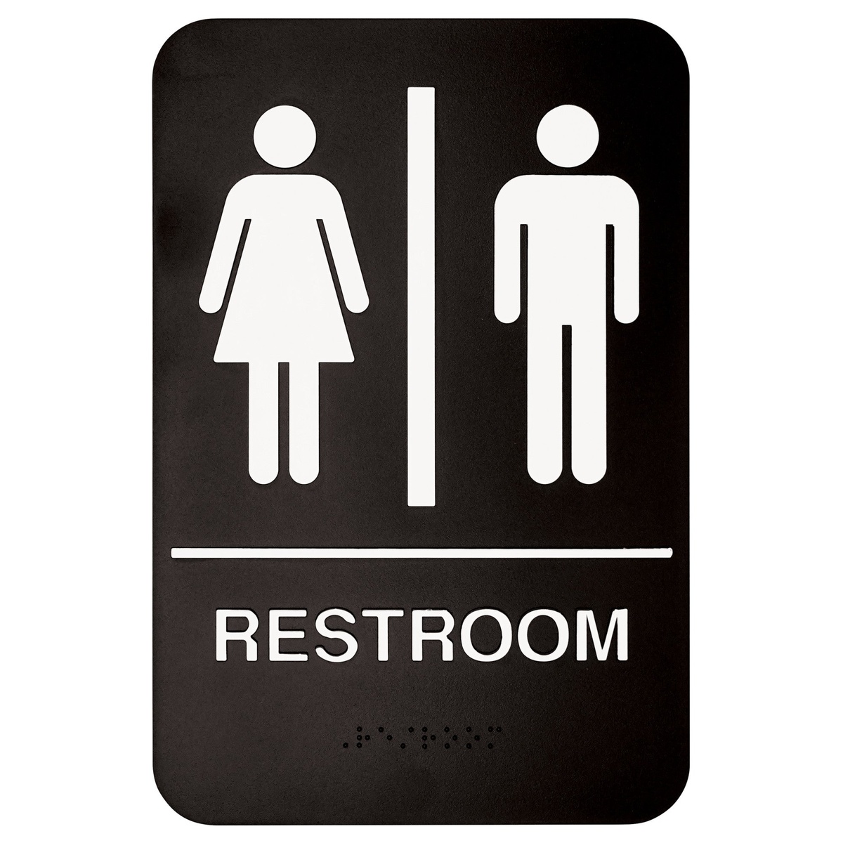 Winco SGN-603 black restroom sign with white male and female symbols and raised RESTROOM lettering with Braille