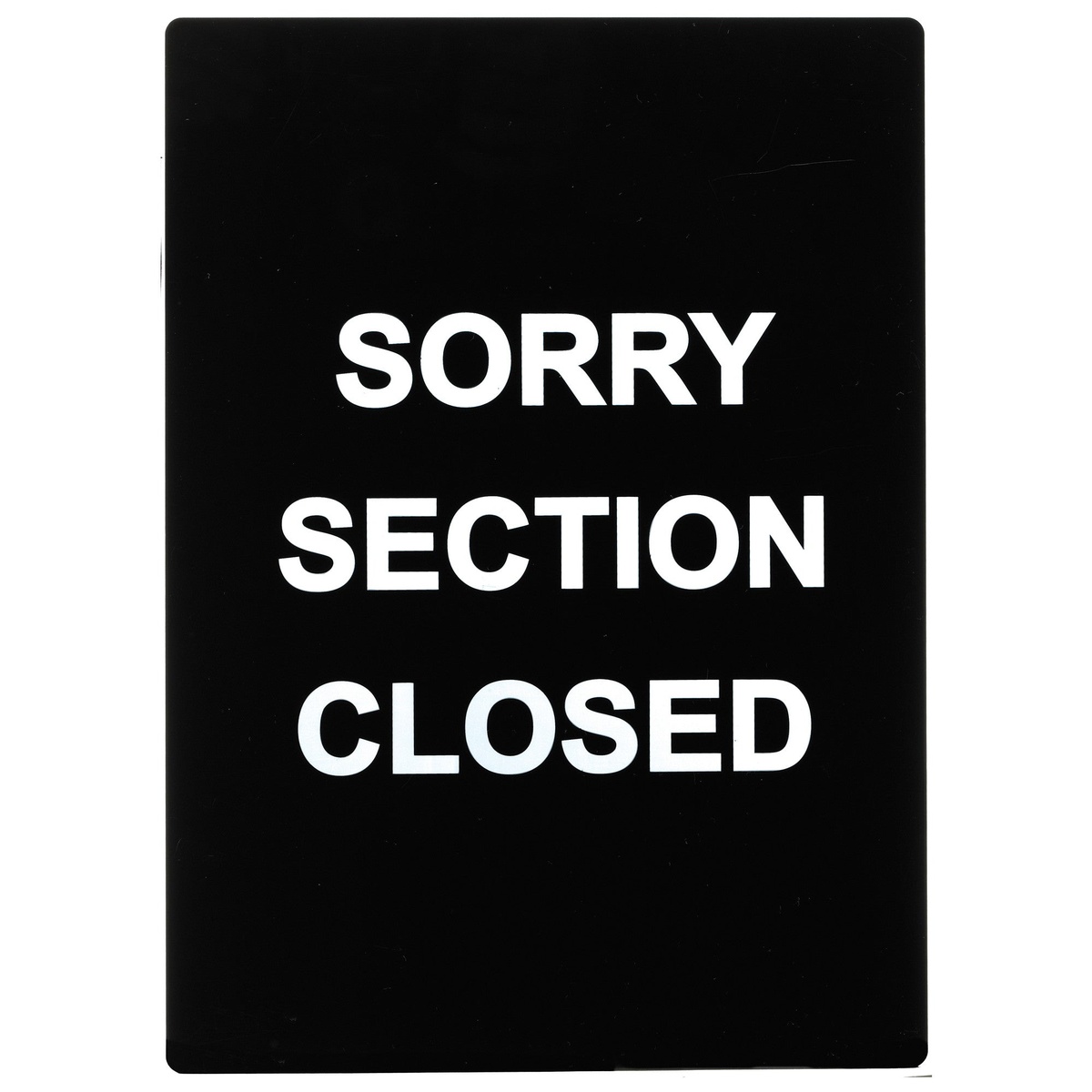 Winco SGN-804 black stanchion sign with white Sorry Section Closed text, vertical orientation