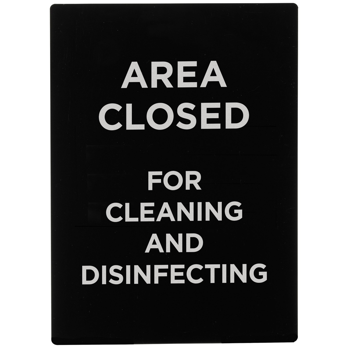 Winco SGN-807 black plastic stanchion sign reading Area Closed For Cleaning And Disinfecting in white text