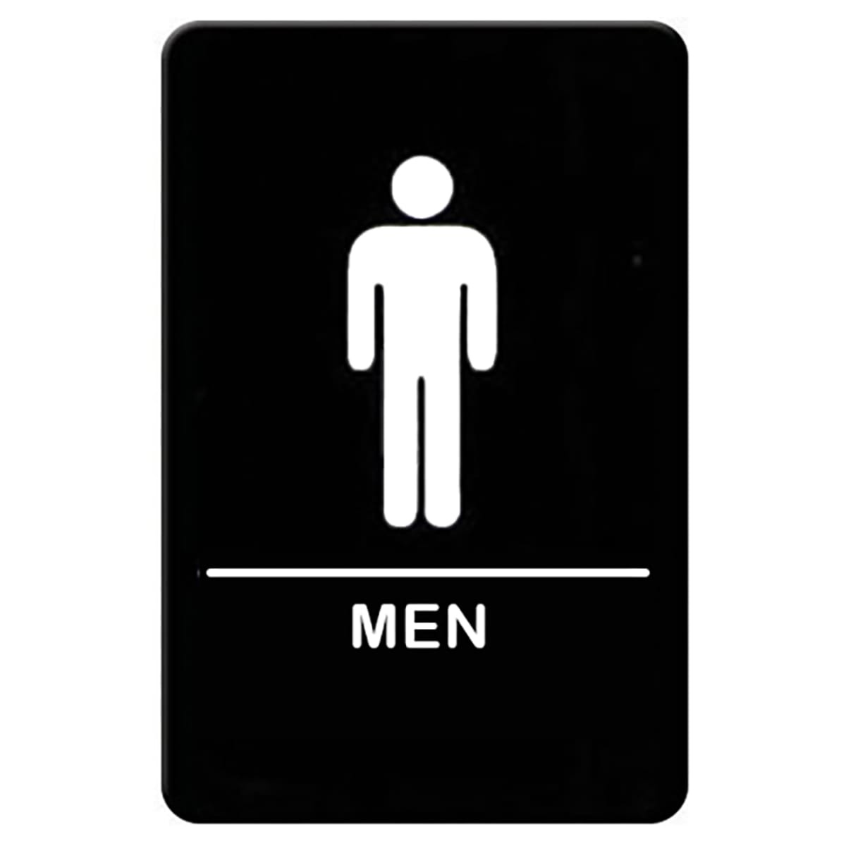 Winco SGNB-605 black plastic men's restroom sign with white male symbol and MEN text
